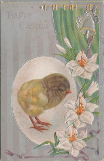 Easter chick egg white lilies silver bells curtains embossed c1910 postcard A966