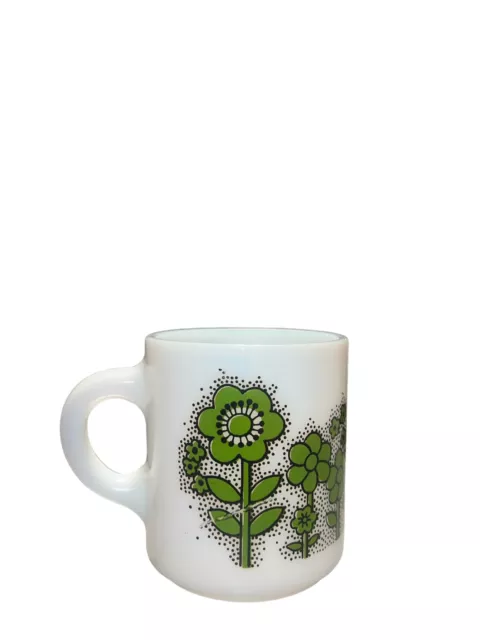 Vintage Hazel Atlas Mod Flower Milk Glass Cup Coffee Mug Green