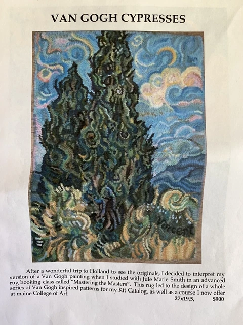 Alfombra ""Cipreses"" patrón de lino enganchado de Van Gogh 14x20 foto a color Janet Conner