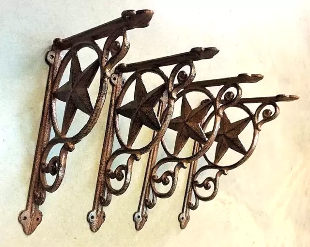 SET OF 4 WESTERN STAR SHELF BRACKET/BRACE, Antique Rustic Brown patina cast iron
