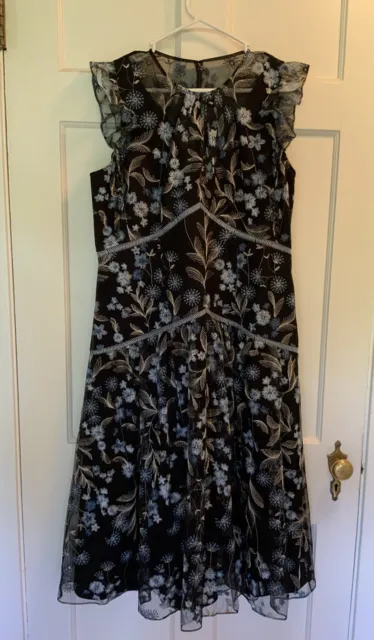 NWT ML Monique Lhuillier Size 16 Embroidered High Neck Midi Dress Black