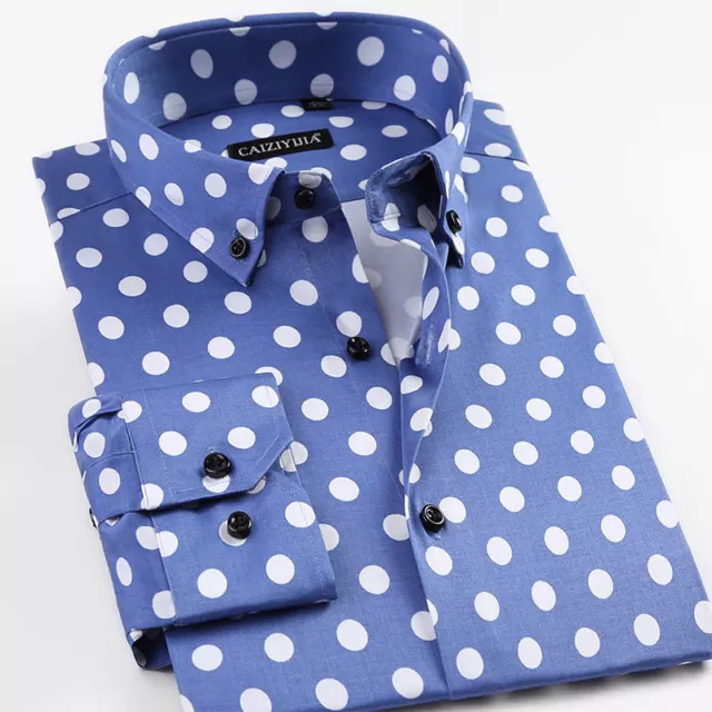 Spring Men Polka Dot Pattern Dress Shirt New Long Sleeve Leisure SLim Fit Blouse