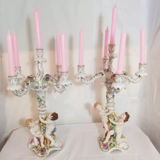 Vintage Pair of Italian Dresden by Von Schierholz Ceramic Candelabras