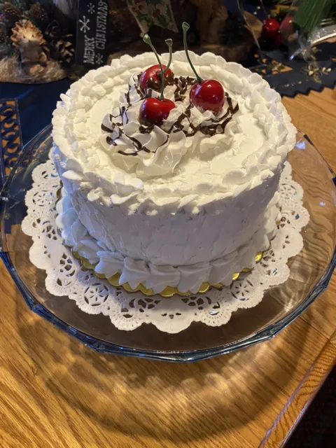 Fake Handmade White Cake W/Cherries 6”x6”