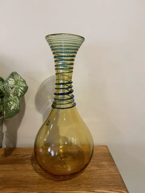 Blenko Glass Amber And Applied Cobalt Coil Handblown Tall Beaker Vase Retro