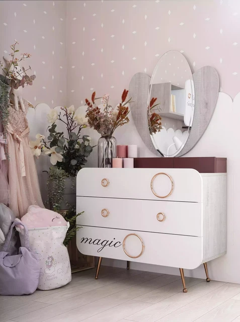 Blanc Bois Commode 3x Tiroirs Design Miroir Chambre D'Enfants Set 2tlg