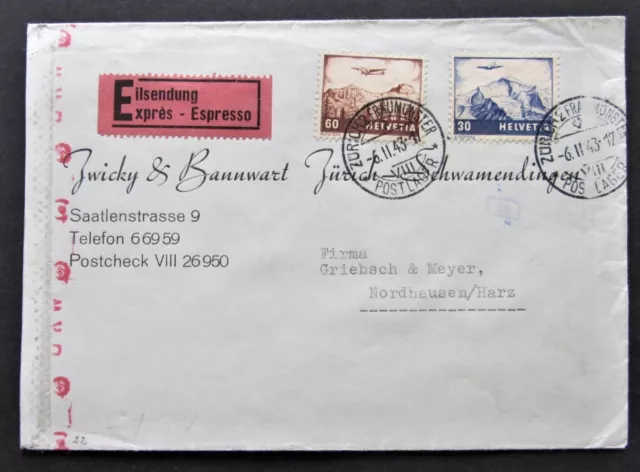 Briefmarken Schweiz Ganzsache 1943 Eilsendung von Zürich nach Nordhausen