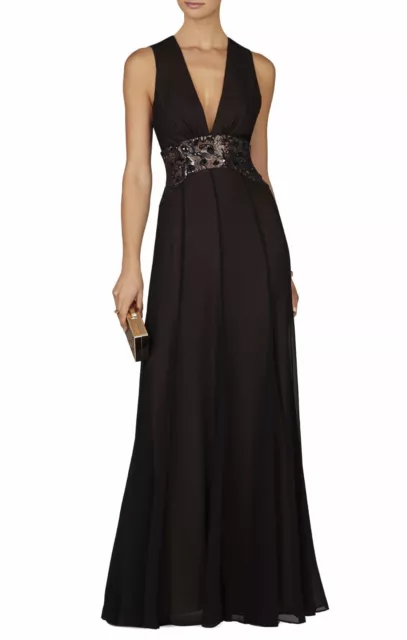 New Bcbg Black Stacy Plunging V-Neck Embellished Waist Gown Jgk64C98/L298A Sz 6