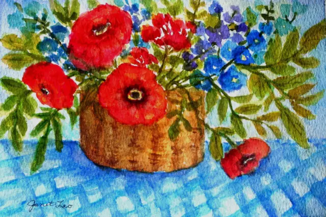 SFA, ORIGINAL, 5 x 7,  watercolor, "BASKETFUL OF SUNSHINE"  floral  by JANET LEO