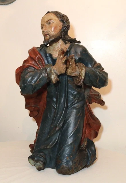 HUGE antique 1600's hand carved polychromed wood religious Jesus saint sculpture