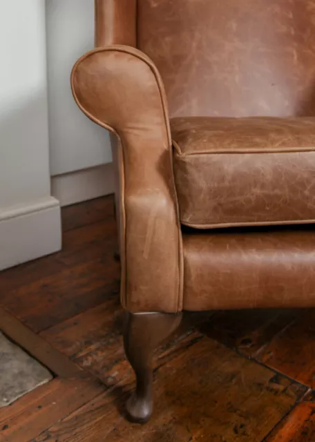 Pair of Chesterfield Queen Anne High Back chairs in Vintage Tan Leather 2