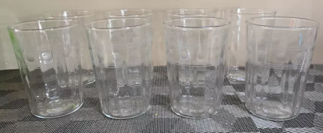 Set of 8 Antique Vintage Juice Glasses, Ribbed & Geometric Etched Design; 4"