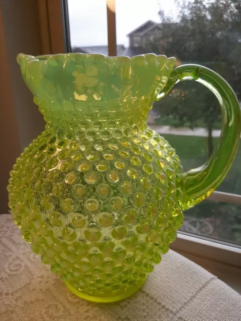 Vintage Fenton Vaseline Topaz Opalescent Hobnail Pitcher! RARE!!! A BEAUTY! flaw