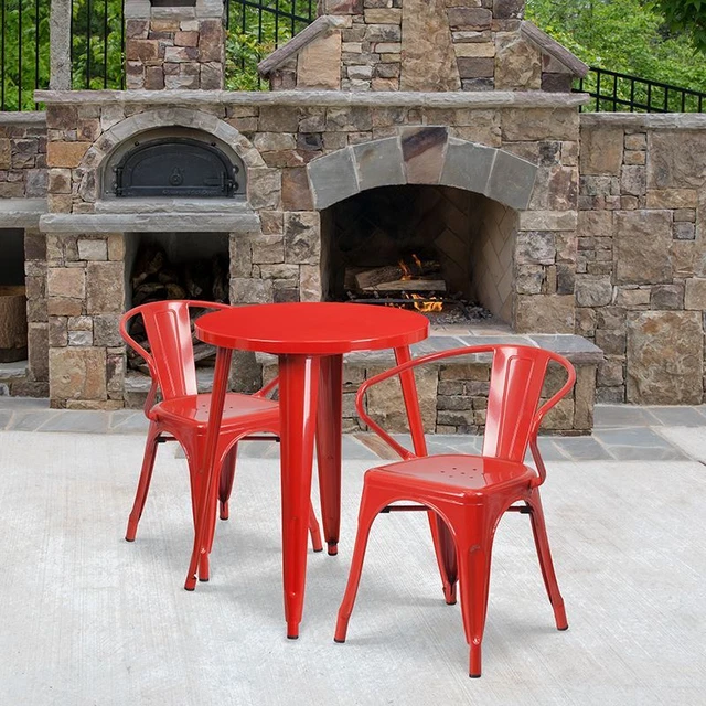 DuraCommercial Grade 24" Round Red Metal Indoor/Outdoor Table Set w/2 Arm Chairs