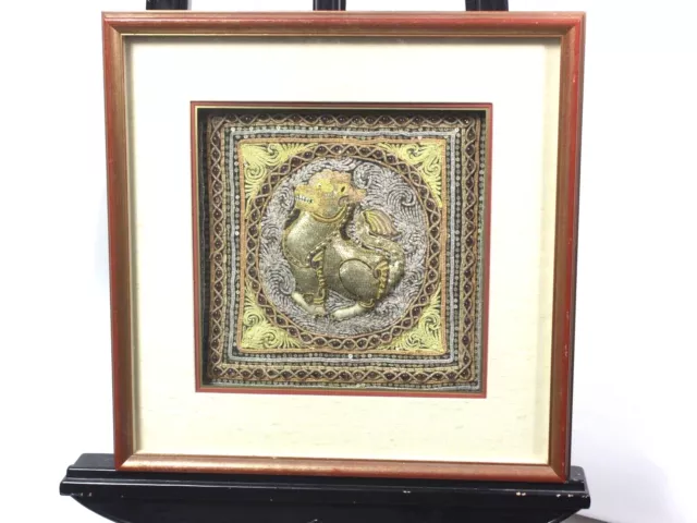Vintage Framed Burmese Kalaga Tapestry Lion beaded gem