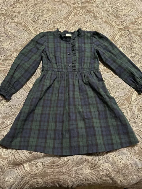 Girl's Crewcuts Green Blue Plaid Long Sleeve Button Front Ruffle Dress sz 6