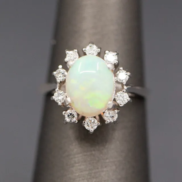 Lovely Vintage Opal and Diamond Halo Ring in 14k White Gold