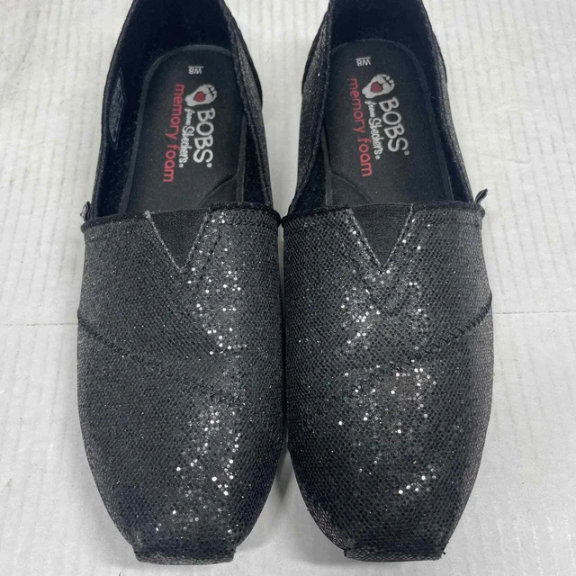 BOBS from Skechers Black Sequin Details Plush-Friday Night Party Flat Womens 8