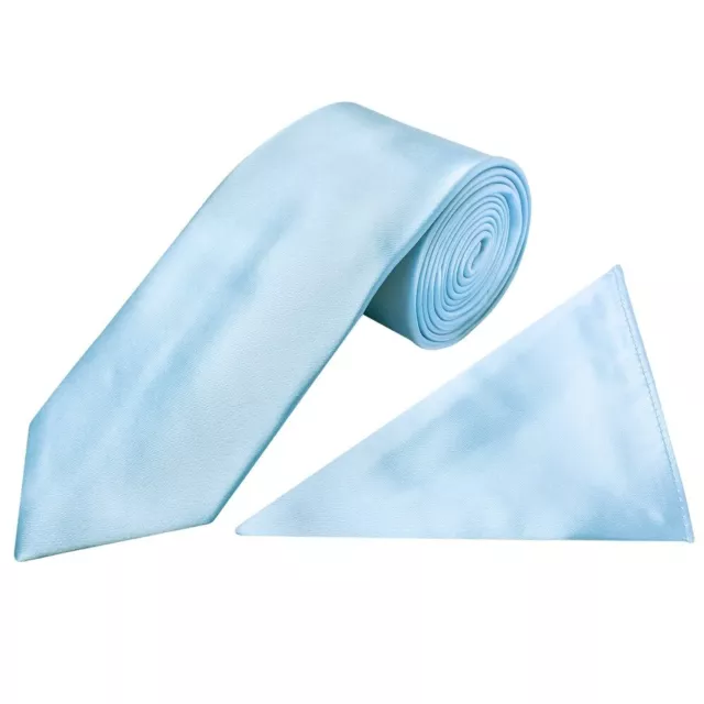 Handmade Plain Sky Blue Satin Classic Mens Tie and Pocket Square Set Wedding Tie