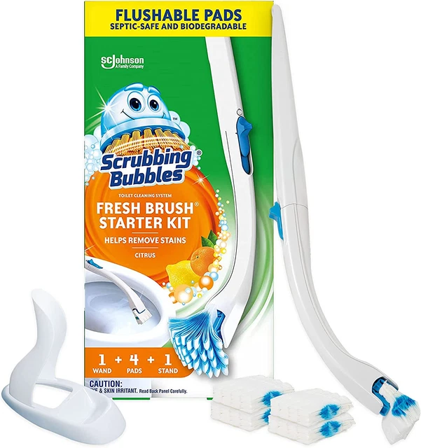 SCRUBBING BUBBLES FLUSHABLE Toilet Cleaner Wand Starter Kit 4 Pads