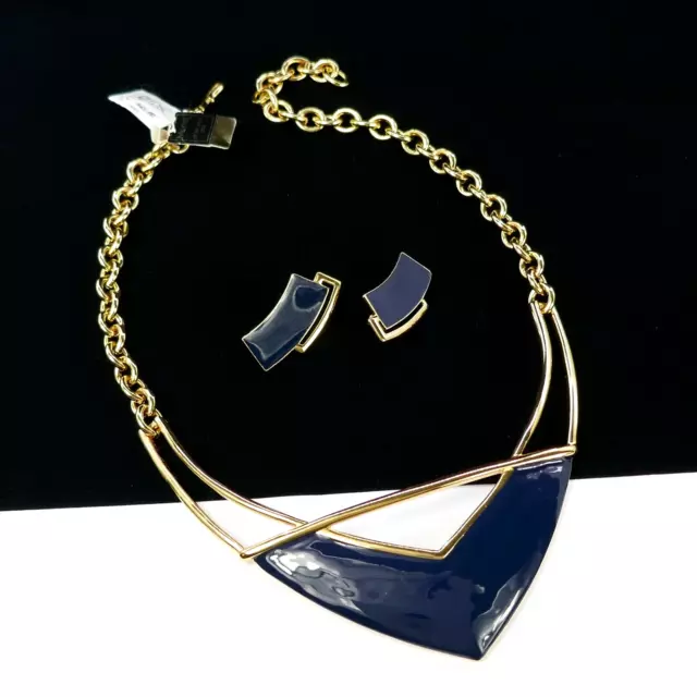 Vintage 1980'S Modernist Monet Navy Blue Bib Gold-Tone Earrings Necklace Set Nwt