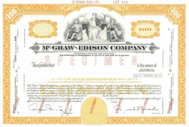 McGraw-Edison Co. - Specimen Stock Certificate - Specimen Stocks & Bonds