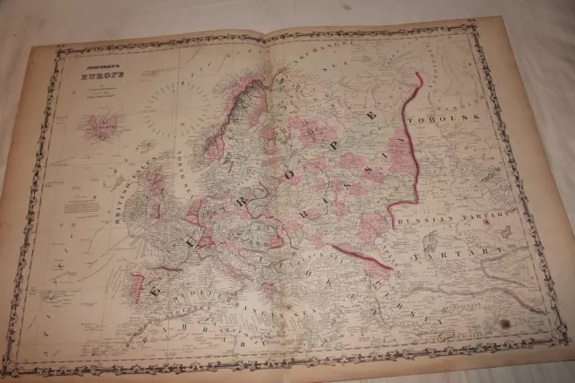 1861 LARGE RARE JOHNSON ORIGINAL ANTIQUE ATLAS MAP Europe