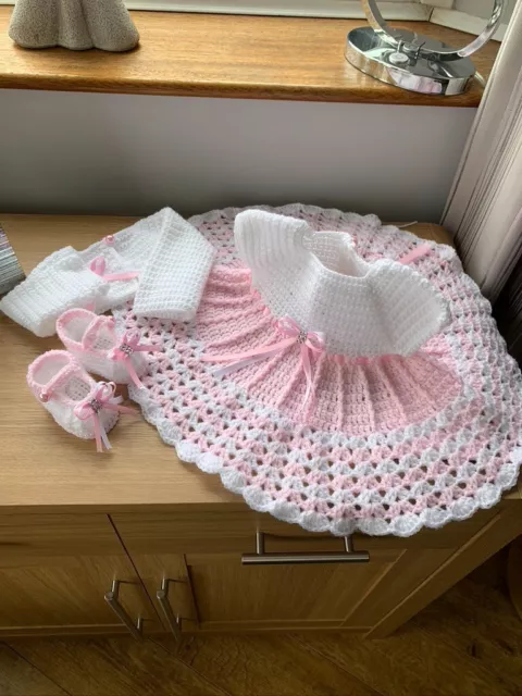 Baby Girl Dress Shrug Shoes Headband. Crochet Handmade 0 to 3 Month Gift Reborn