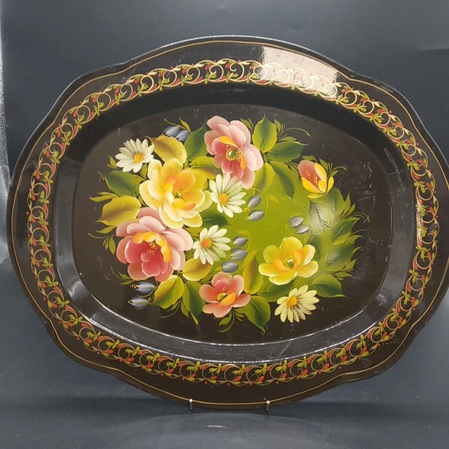 Plat / Plateau En Métal Peint Fait Main - Style Jostovo? Décor De Fleurs, Vintage URSS