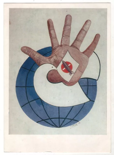 1957 ANTI-MILITARY No Bomb Globe Dove FOR PEACE ART Hengo Russian Postcard OLD