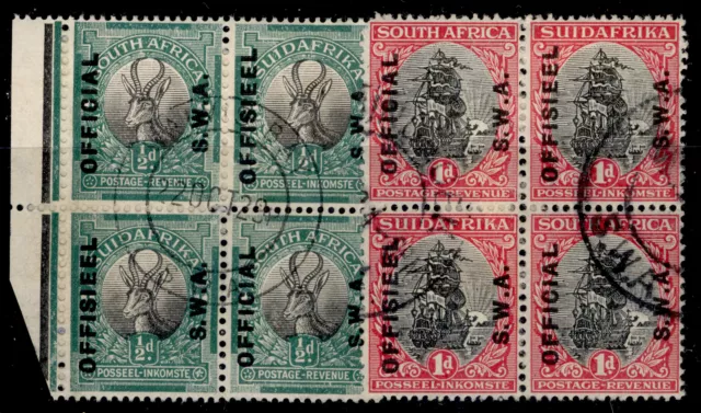 SOUTH WEST AFRICA GV SG O9 + O10, ½d & 1d, FINE USED. Cat £66. BLOCKS of 4