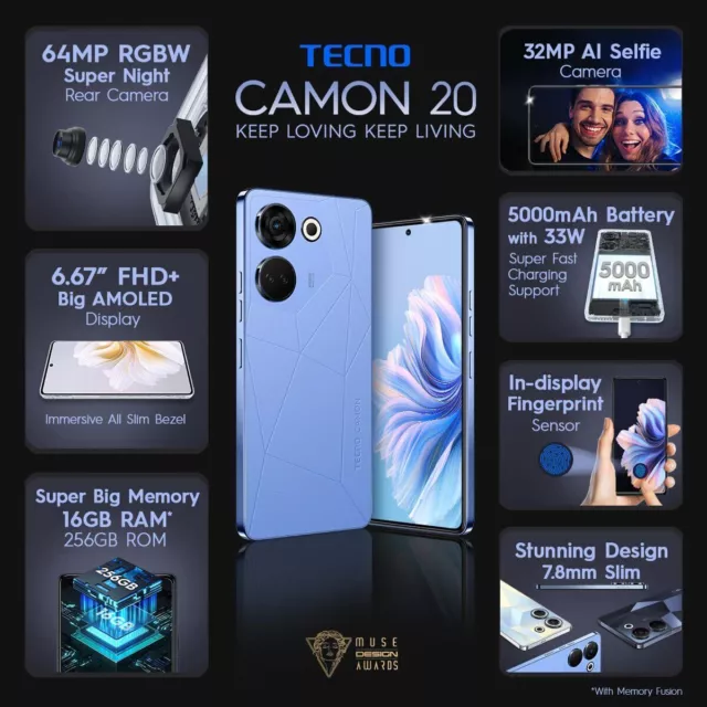 Tecno Camon 20 ab Werk entsperrt – Dual-SIM – 6,67 Zoll FHD + AMOLED – 8 GB... 2