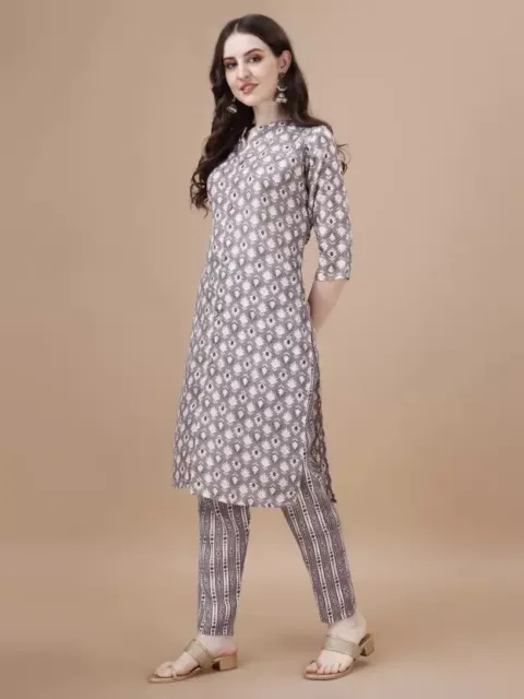 Cotton Blend Printed Beautiful Kurti Pant Set Indian Women's Kurta Pajama Set