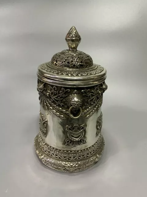 Exquisite Old Chinese tibet silver handcarved eight treasures jar pots 6059 5
