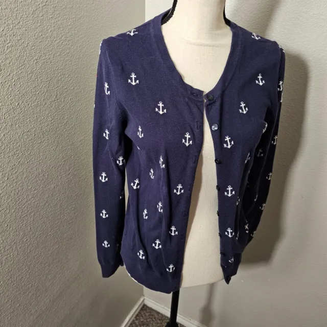 Tommy Hilfiger Blue Anchor Print Sweater Cardigan Women's Button Up Size M Pima