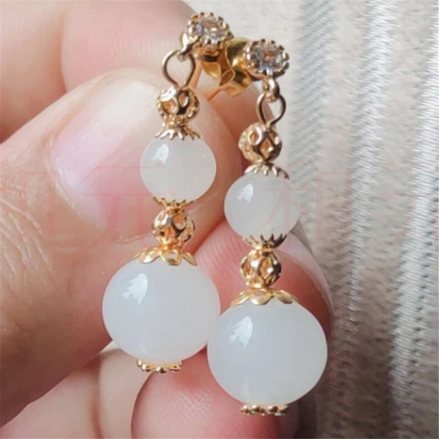 Elegant Natural white jade Gold Earrings Ping buckle 18K Easter New Year