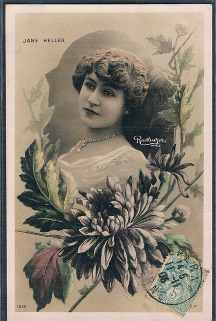 X112 ART NOUVEAU ARTIST STAGE STAR JANE HELLER FLOWER Tinted PHOTO pc REUTLINGER