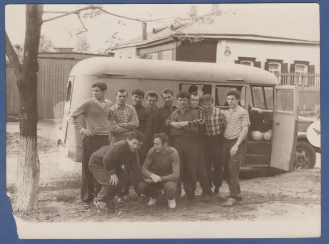 Beautiful Guys near an old bus, Love Cute Boys Soviet Vintage Photo USSR
