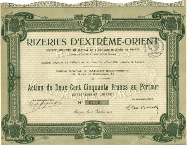 Saigon,Viet-Nam 1918.Action de 250 Francs.Rizeries d'Extrême-Orient.