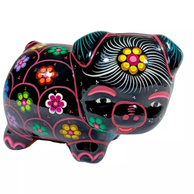 Talavera  Mexican Folk Art Pottery Pig Piggy Bank Black Rainbow Retro Flowers