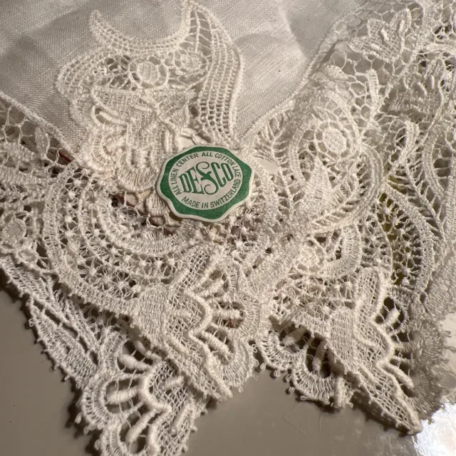 Vintage Desco Ladies Hanky-White With Lace Edges~ Switzerland