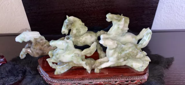 Vintage Chinese hand carved jade stone five horses sculpture, high quality made.