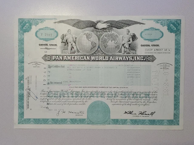 Pan American World Airways Cancelled Stock Certificate
