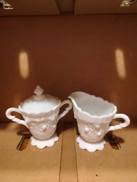 Fenton Rose Cabbage Milk Glass Sugar And Creamer