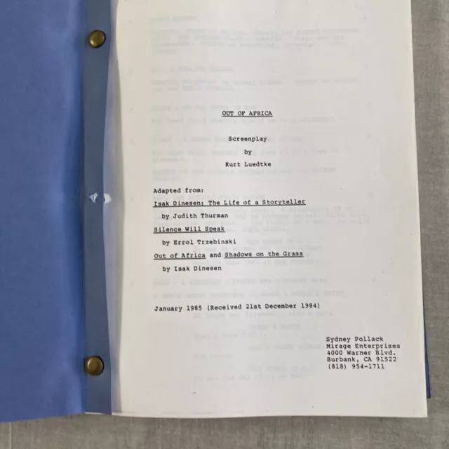 Original Screenplay of OUT Of AFRICA Script Jan 1985 Draft From Hollywood Estate