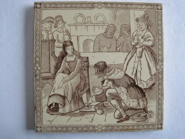 Antique Victorian Malkin Cinderella Brown On Buff Transfer Print Tile C1880 #2