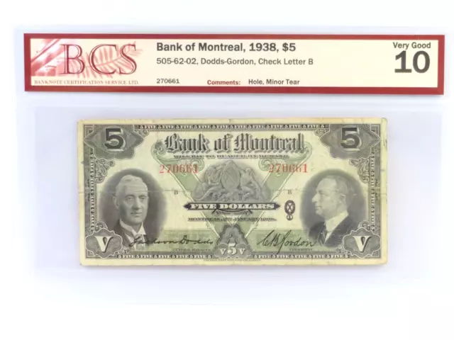 1938 Five Dollar $5 Bank of Montreal Banknote, Very Good VG 10