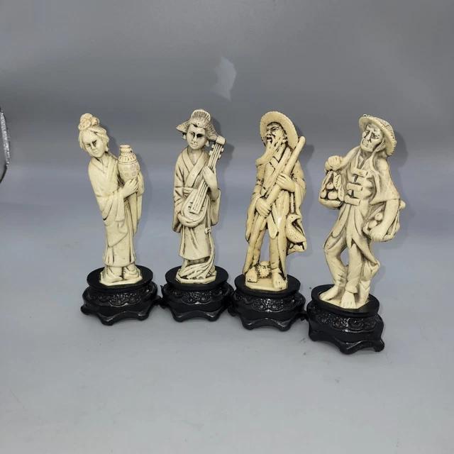 Vintage 6" Asian Man Lady W/ Instrument Plastic Figure Hong Kong Chinese Qty 4