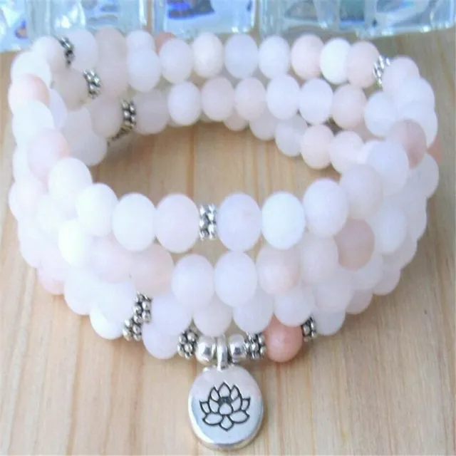6MM Pink Crystal Bracelet 108 Beads Lotus Pendant Unisex Wrist Handmade Mala