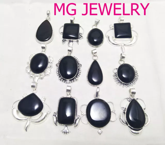 Regalo de Navidad! 15Pcs Ónice Negro Colgante Lote 925 Chapado en Plata de Ley